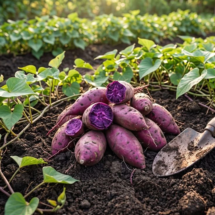 Freshly dug purple sweet potatoes, one sliced to show deep violet flesh, resting on dark soil