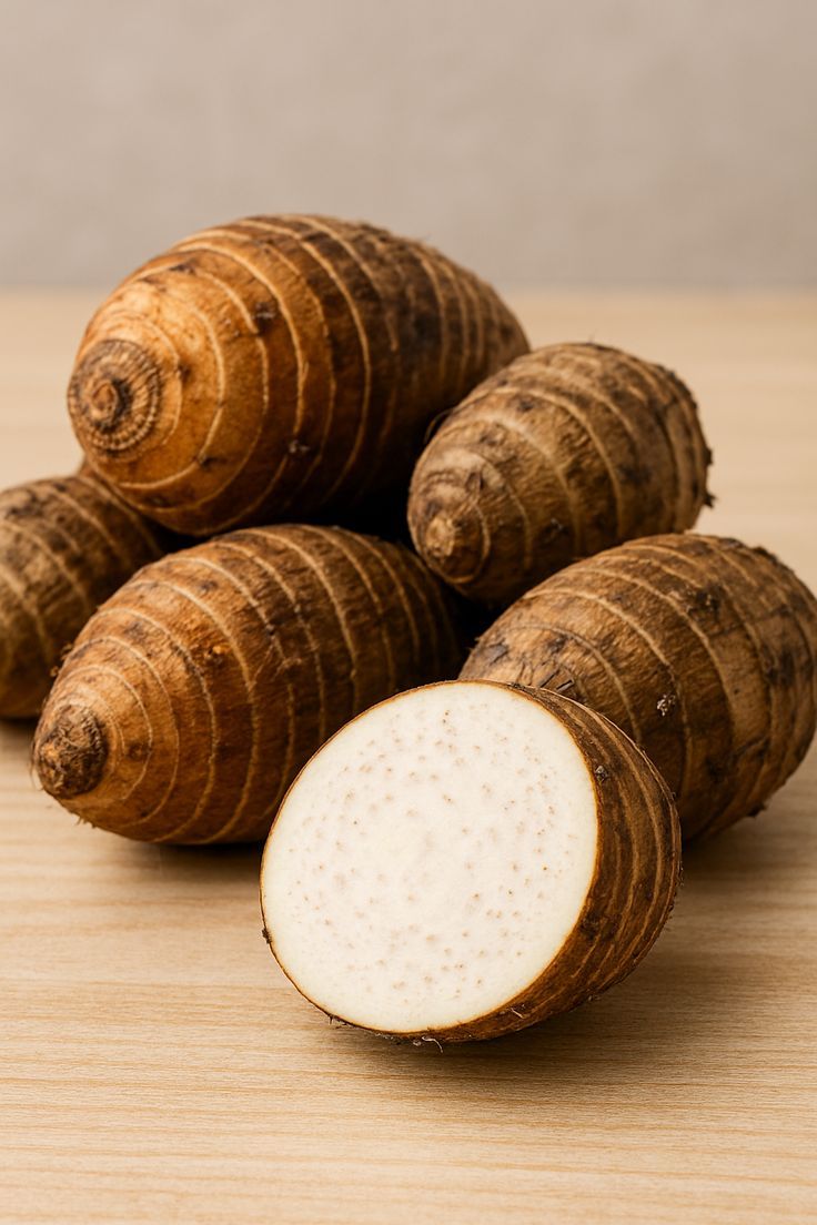 Whole taro corms with a cut half showing speckled white flesh