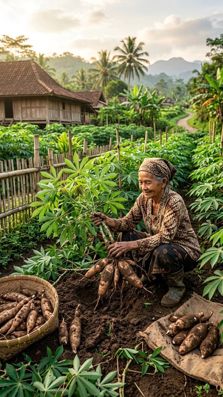 A farmer crouching in a village garden, lifting a cluster of cassava roots from the soil