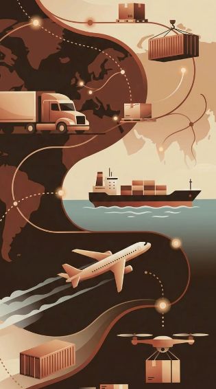 Illustration of global trade routes linking continents by truck, ship and aircraft