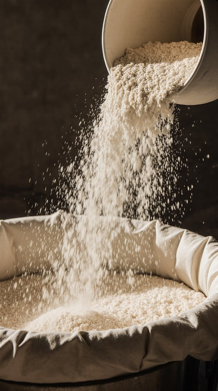 Root flour pouring in a wide stream into a cloth-lined drum at a local mill